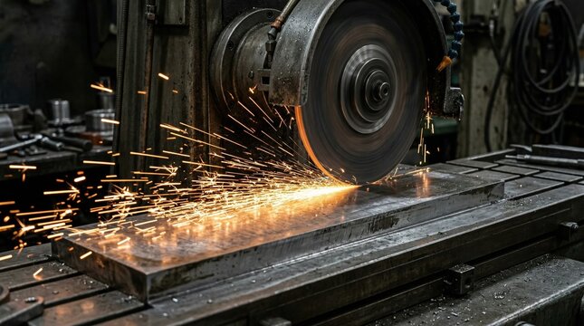 Focused medium shot of a vibrant spark closeup during surface grinding showcasing the dynamic energy and precision involved in leveling a machine tables surface.