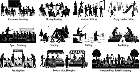 Fototapeta premium Community Activity Silhouette Vector Collection Featuring Education Recreation Healthcare and Everyday Lifestyle Scenes