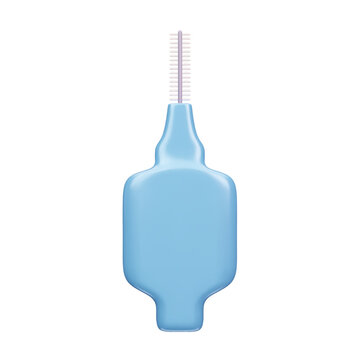 3D blue interdental toothbrush. Interproximal dental brush for personal oral hygiene, professional stomatology tool, teeth cleaning and gum healthcare. 3D realistic vector illustration