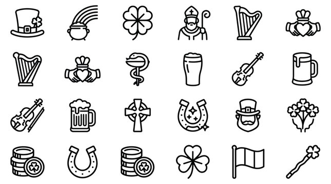 St. Patrick's Day icon set, 24 Irish holiday line icons, traditional Ireland cultural symbols, leprechaun hat and shamrock clover vector illustrations