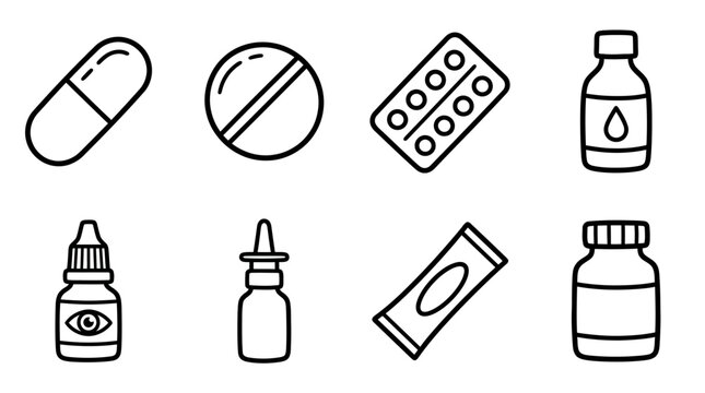 Hand-drawn medical icons: pills, capsules, eye drops, nasal spray, medicine bottles