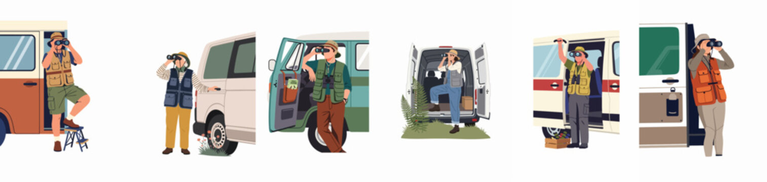 Set of diverse birdwatchers and nature enthusiasts using binoculars while traveling in their camper vans, flat vector illustration on white background.