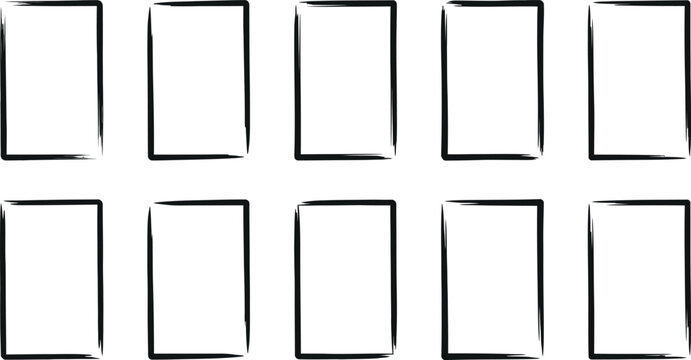 Set of ten hand drawn rectangular brush stroke frames with rectangle, charcoal