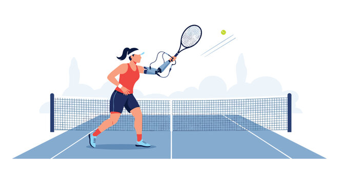 Determined female tennis player with a bionic prosthetic arm hitting the ball on court during a competitive match for inclusive athletics.