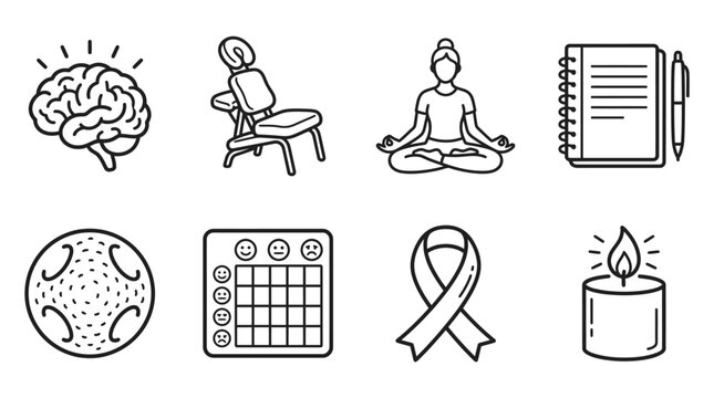 Brain, Massage Chair, Yoga, Notebook, Globe, Mood Tracker, Ribbon, Candle Icons