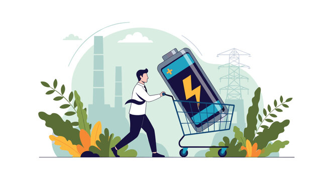 Man in business wear pushing a shopping cart carrying a large electric battery against an industrial and energy background.