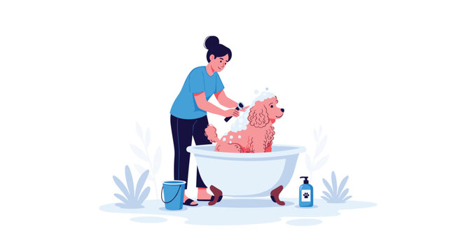 Caring woman carefully bathing her fluffy poodle dog in a classic white tub with soap suds and professional grooming tools.