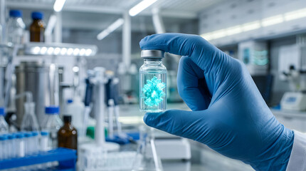Fototapeta premium Close-up photograph of a scientist's gloved hand holding a small glass vial containing a glowing bioluminescent blue crystalline compound or synthetic organoid inside a modern laboratory setting