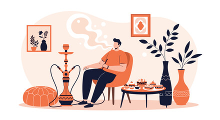 Fototapeta premium Man relaxing in a comfortable chair while smoking a traditional hookah in a stylishly decorated home living room.