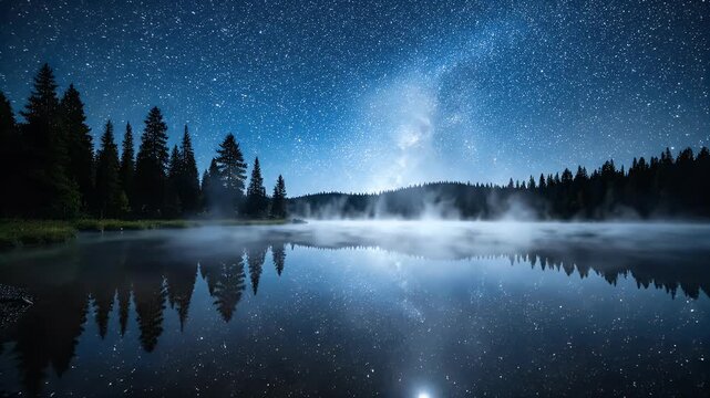 Starry night sky over a misty lake surrounded by dark pine trees