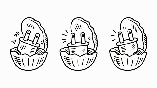 Illustrated oyster shells with electrical plugs inside.