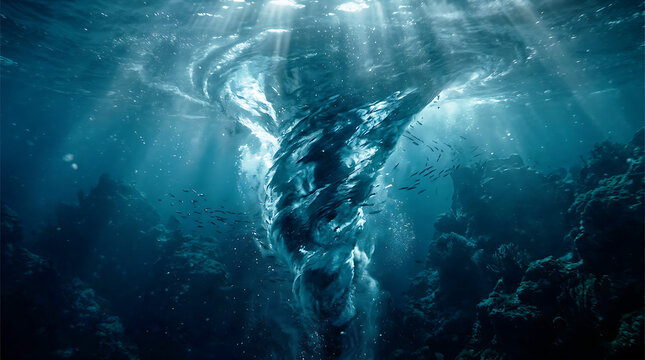 Underwater vortex with light rays, dark deep ocean current