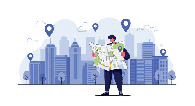 Man standing in front of a city skyline examines a large paper map with various blue location marker pins floating around.