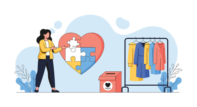 Female volunteer stands next to a heart-shaped puzzle and a clothing rack during a charitable donation event for the needy.
