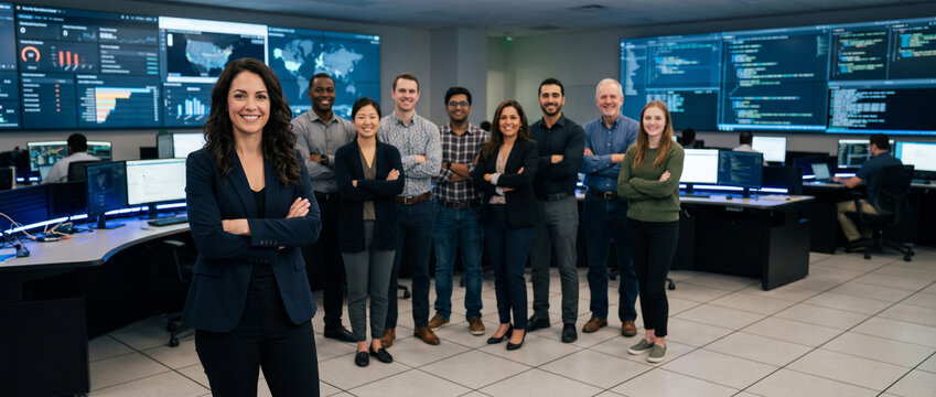 Diverse cybersecurity professionals standing together inside modern security operations center led by confident smiling female cybersecurity manager, enterprise IT security team portrait collaboration
