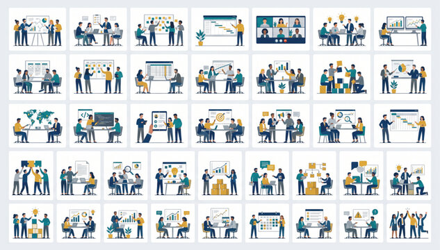 Comprehensive collection of business interaction icons showing meetings remote work training and corporate strategy sessions with business meetings teamwork collaboration corporate training