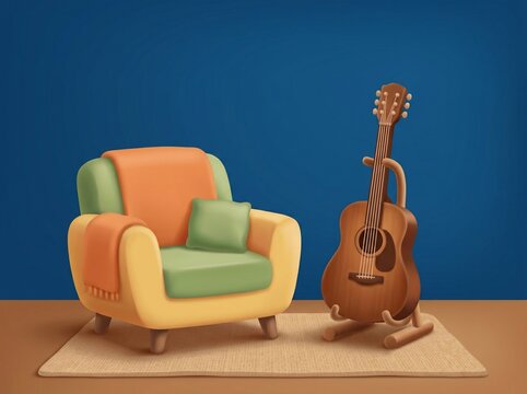 Cozy living room interior with armchair and acoustic guitar