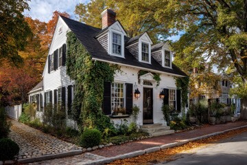 Obraz premium Photographic scene of a classic English-inspired home with autumn foliage and serene curb appeal