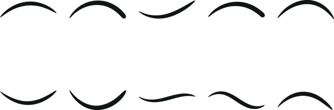 Set of ten hand drawn curved arcs and wavy brush lines with handdrawn, isolated