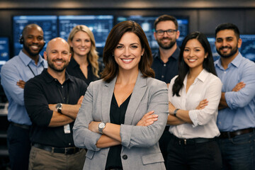Fototapeta premium Diverse cybersecurity professionals standing together inside modern security operations center led by confident smiling female cybersecurity manager, enterprise IT security team portrait collaboration