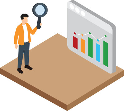 Isometric businessman analyzing website growth analytics with magnifying glass