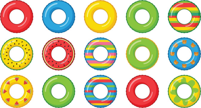 Vibrant collection of multi-colored inflatable swim rings and lifebuoys for summer pool activities isolated on a pure white background for leisure vacation fun and aquatic recreation gear.