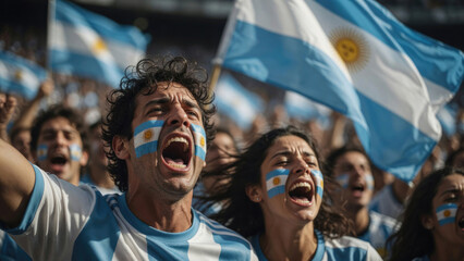 Cheering crowd celebrates victory with Argentine flags waving passionately