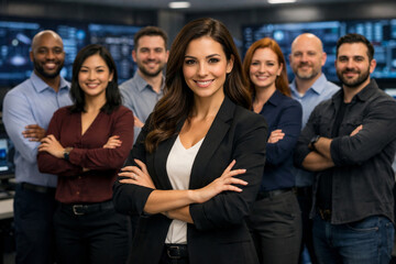 Fototapeta premium Diverse cybersecurity professionals standing together inside modern security operations center led by confident smiling female cybersecurity manager, enterprise IT security team portrait collaboration
