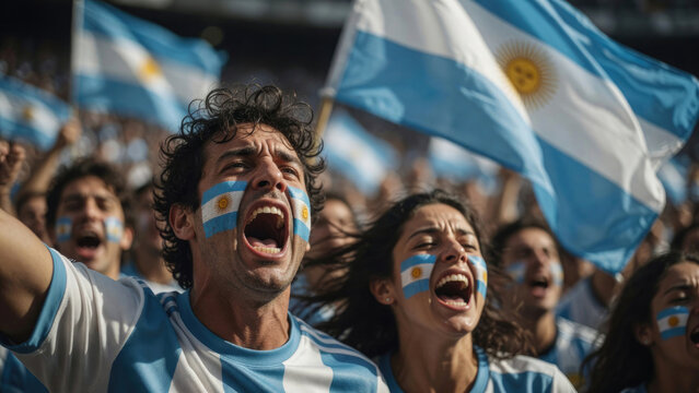 Cheering crowd celebrates victory with Argentine flags waving passionately