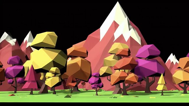 Stylized low-poly mountains and trees in vibrant colors against a dark sky