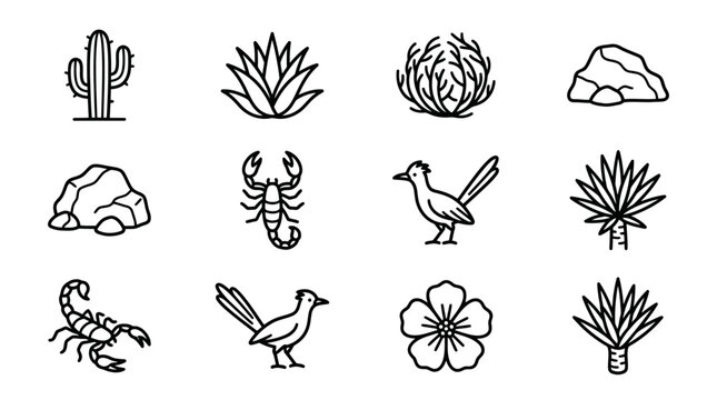 Desert Icons: Cactus, Agave, Scorpion, Roadrunner, Rocks, Flower, Bush