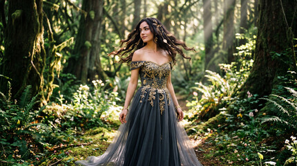 Fototapeta premium Mystical Female Model in a Dark Tulle Gown with Celestial Gold Accents in a Sun-Drenched Evergreen Forest