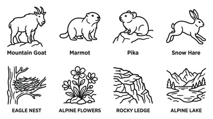 Collection of Alpine Wildlife and Flora Line Art Icons: Mountain Goat, Marmot, Pika, Snow Hare, Eagle Nest, Flowers, Rocky Ledge, Lake © keenan