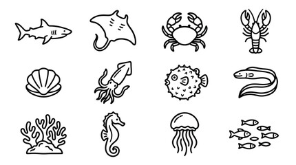 Set of marine life icons: shark, stingray, crab, lobster, shell, squid, pufferfish, eel, coral, seahorse, jellyfish, fish © keenan