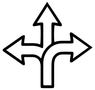 Three-way directional decision sign post icon with direction decision signpost navigation pointing movement straight