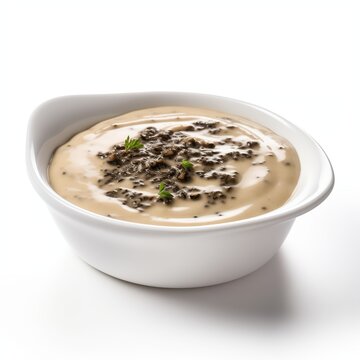 photographic image of black truffle Tartufata sauce on ceramic white bowl, isolated on white background --v 5.2 Job ID: c0442ec3-73c9-4ff1-954a-2a9802ec339e