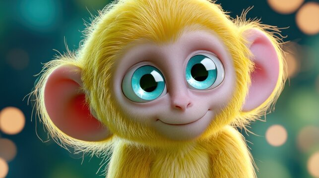 Curious yellow monkey character with big blue eyes.