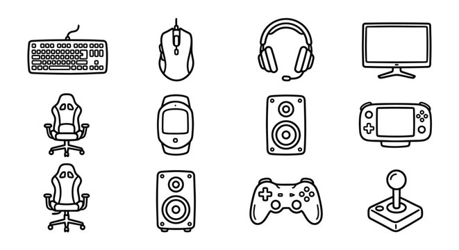 Gaming Setup Icons: Keyboard, Mouse, Headset, Monitor, Chair, Speakers, Console, Controller