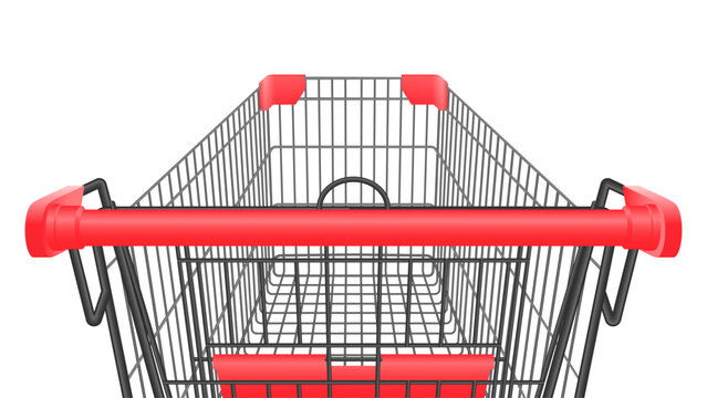 Front First Person View of Shopping Cart on Isolated White Background, Empty Retail Trolley, Realistic illustration