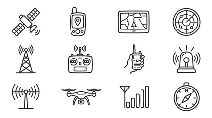 Fototapeta premium Communication and Navigation Technology Icons: Satellite, GPS, Radar, Drone, Compass