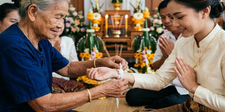 Traditional Lao and Thai Baci ceremony with elder tying holy white thread on wrist for blessing, Laos culture