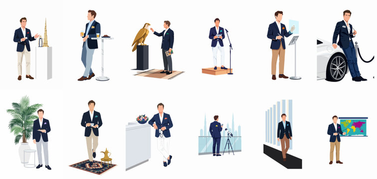 Set of illustrations depicting a stylish businessman in luxury lifestyle scenarios, showcasing professional success and cultural experiences in a modern Middle Eastern city.