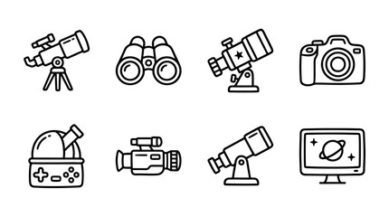Astronomy and Photography Icons: Telescopes, Binoculars, Camera, Observatory, Monitor © keenan