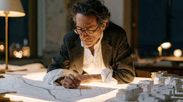 Colombian urban planner leans over illuminated drafting table inside city hall planning office, tracing proposed transit corridor across laminated district map, scale models of