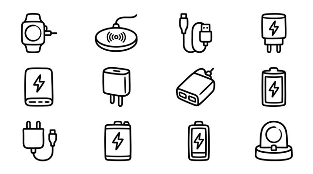 Hand-drawn Icons: Wireless Chargers, Power Adapters, Batteries, Smartwatch Charging
