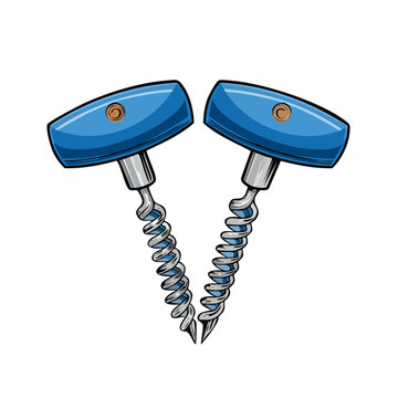 Two blue metal corkscrews with spiral worms and T shaped handles ready for use