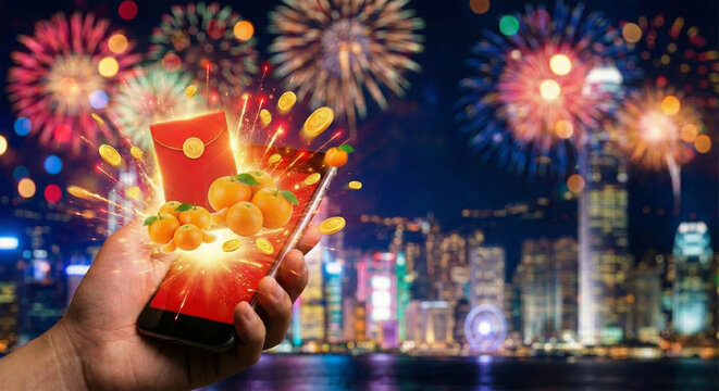 Smartphone with Holographic Red Envelope and Mandarin Oranges against City Fireworks