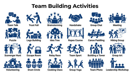 Diverse team building activities collection, icons representing collaboration, communication, problem solving, and fun for corporate events and work environment. © Iconique Studio