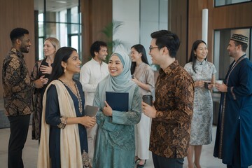 Obraz premium Multicultural Professionals Networking at Corporate Cultural Event
