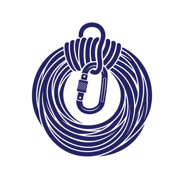 Graphic illustration of coiled climbing rope with a secured carabiner climbing carabiner adventure mountaineering equipment outdoors security activity mountains vertical